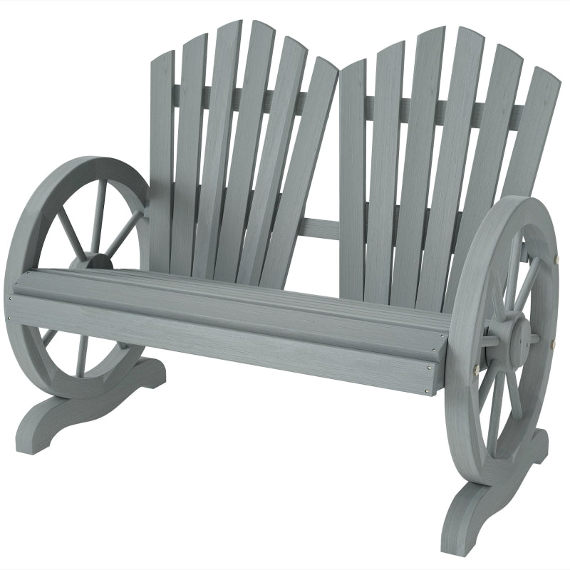 Grey Fir Wood Love Seat with Wheel-Shaped Armrests