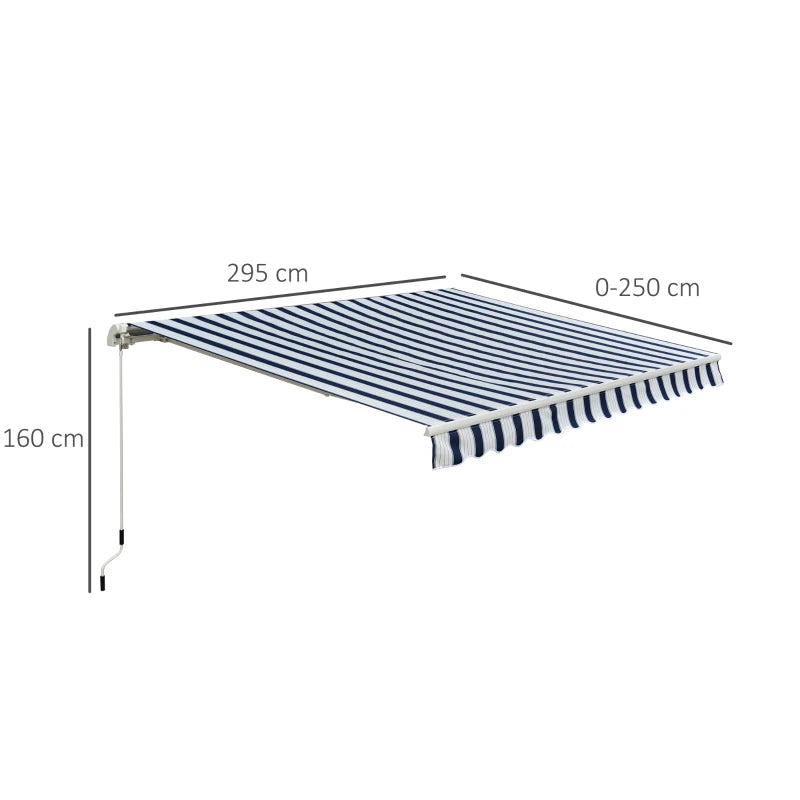 Blue & White Striped Manual Retractable Awning - 3m x 2.5m