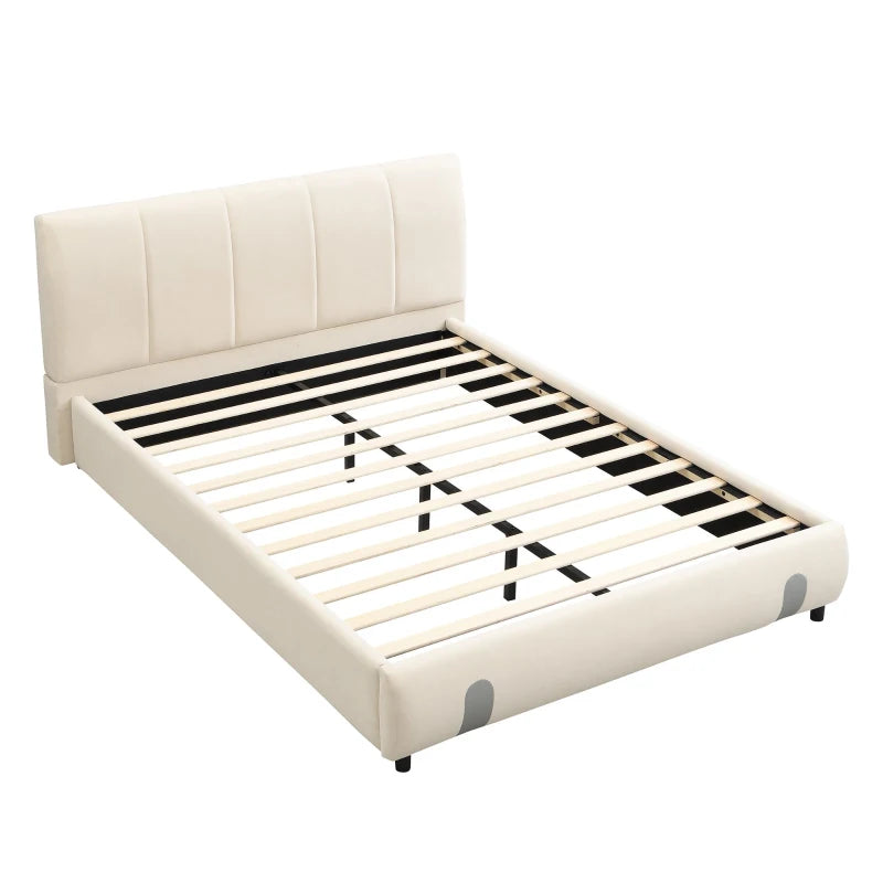 4ft6 Upholstered Double Bed - Velvet Frame with Soft Headboard & Sturdy Slats for Adults & Teens, White, 213x152x89 cm