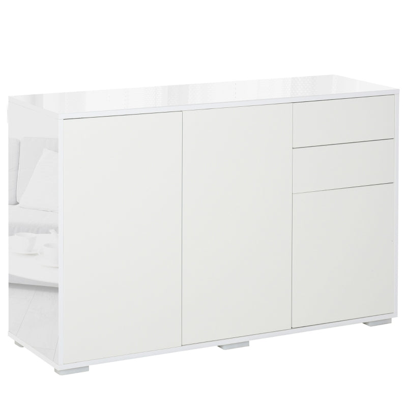 High Gloss White Side Cabinet with Push-Open Design, 2 Drawers & 2 Cabinets, 74H x 117W x 36Dcm for Living Room
