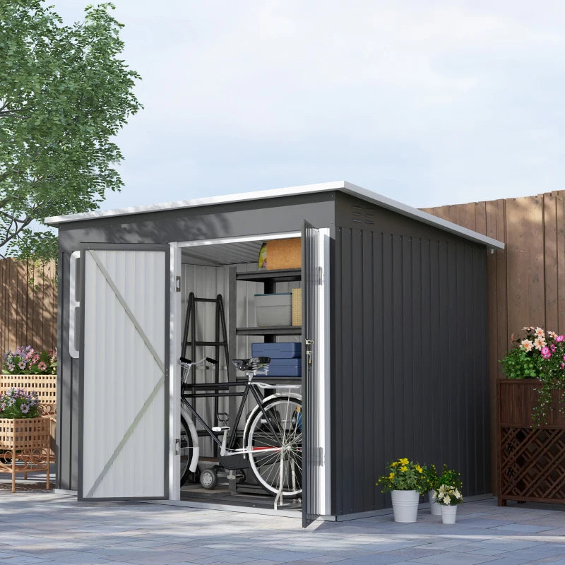 8.5 x 6ft Dark Grey Galvanised Steel Storage Shed - Metal Garden Shed with Foundation Kit, Window, Lockable Wide Doors & Air Vents for Outdoor Patio