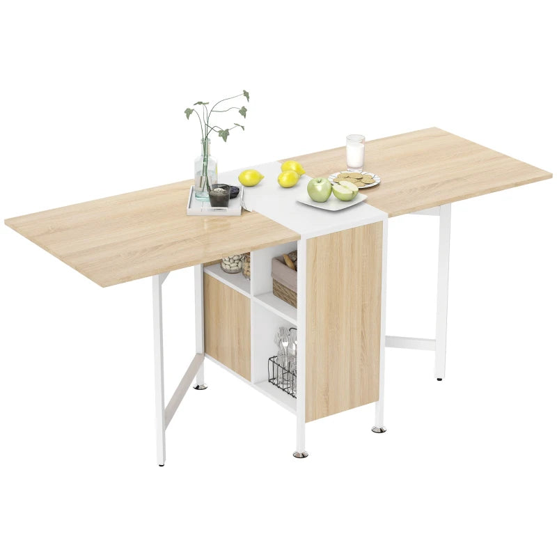 Foldable Drop Leaf Dining Table with Storage Shelves - Compact Oak & White Workstation for Small Spaces