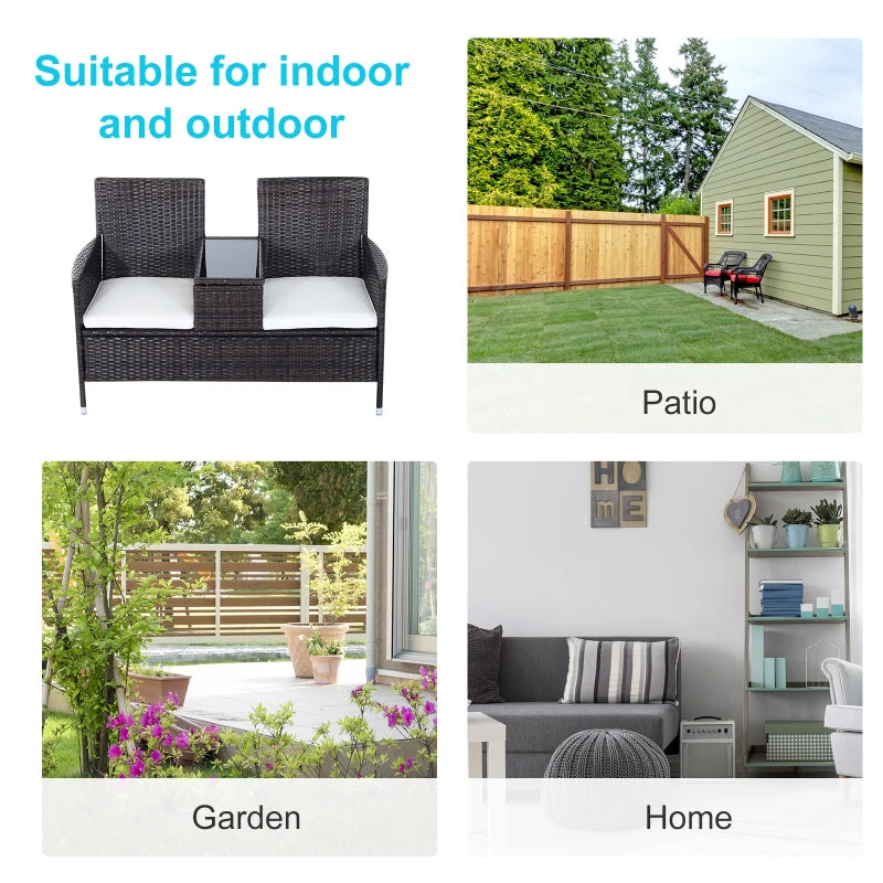 Brown Rattan 2-Seater Chair Set with Middle Tea Table