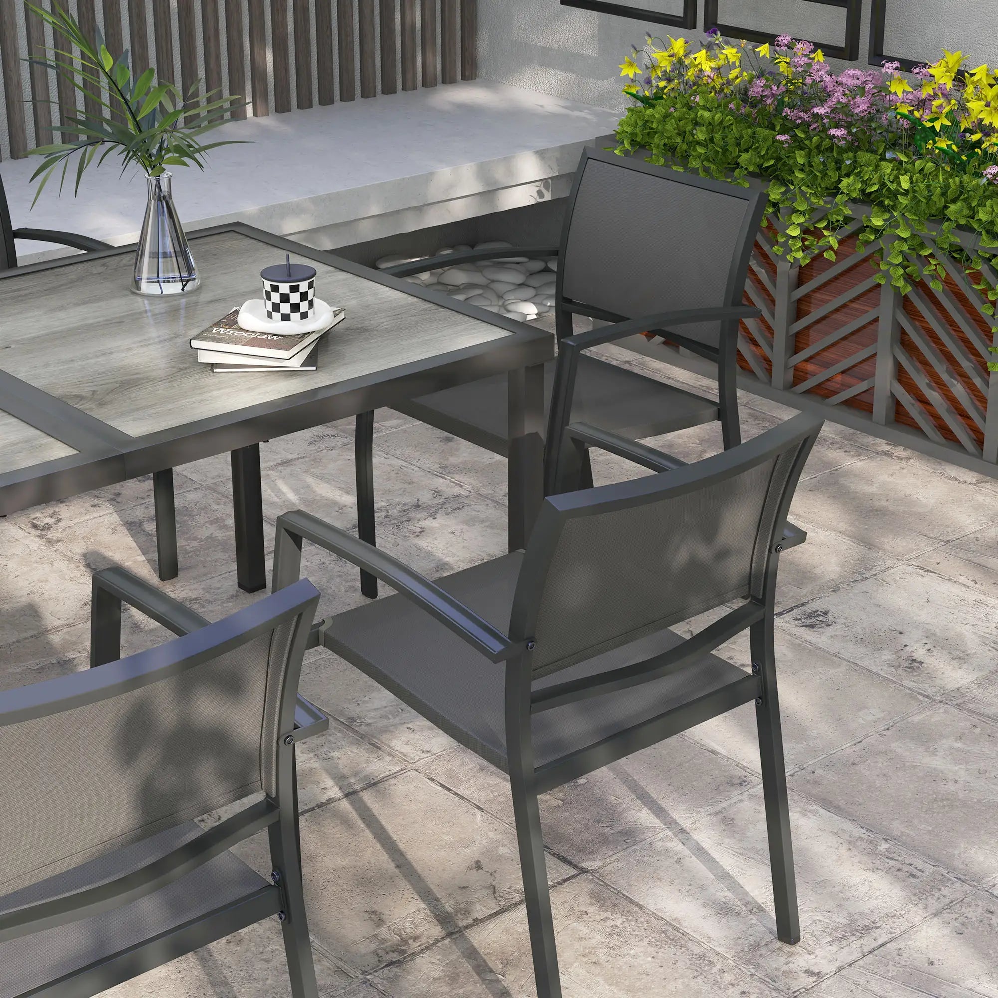 Seven-Piece Casual Outdoor Dining Set With Wood-Effect Table - Grey