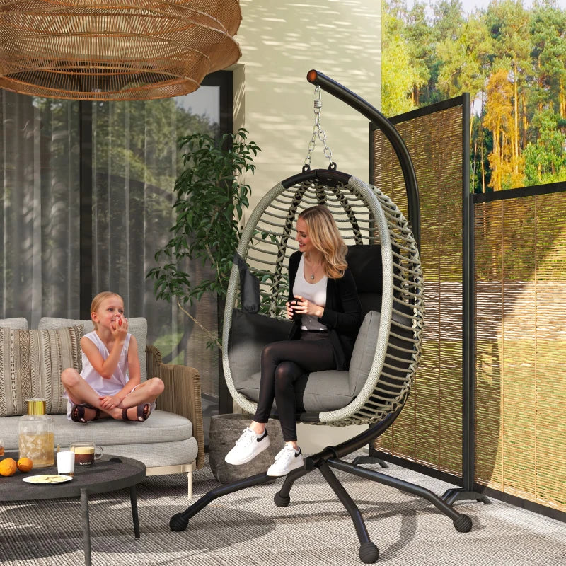 Outdoor Swing Chair - Dark Grey, Thick Padded Cushion, Foldable Metal Stand, Cup Holder, Indoor & Outdoor Use