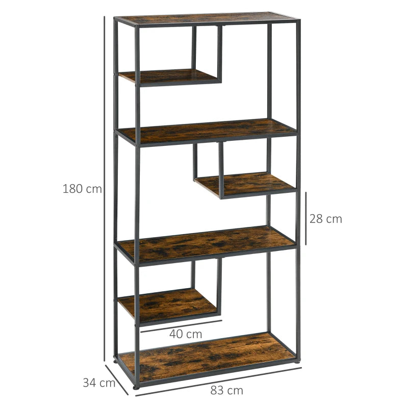Industrial 6-Tier Metal Bookcase Shelf - Rustic Brown Storage Shelves for Living Room, Home Office & Bedroom