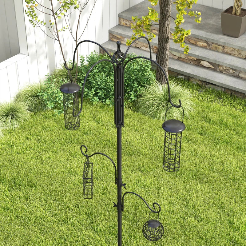 Premium Bird Feeding Station Kit - 6 Hook Wild Bird Feeder Pole with 4 Hanging Feeders for Garden & Outdoor Use - Black