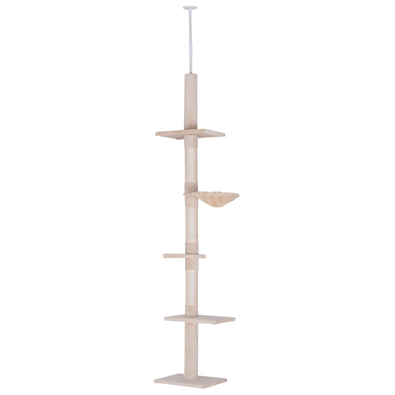 Adjustable 5-Tier Floor to Ceiling Cat Tree 230-260cm - Scratching Post, Hammock & Perches for Indoor Kittens - Beige