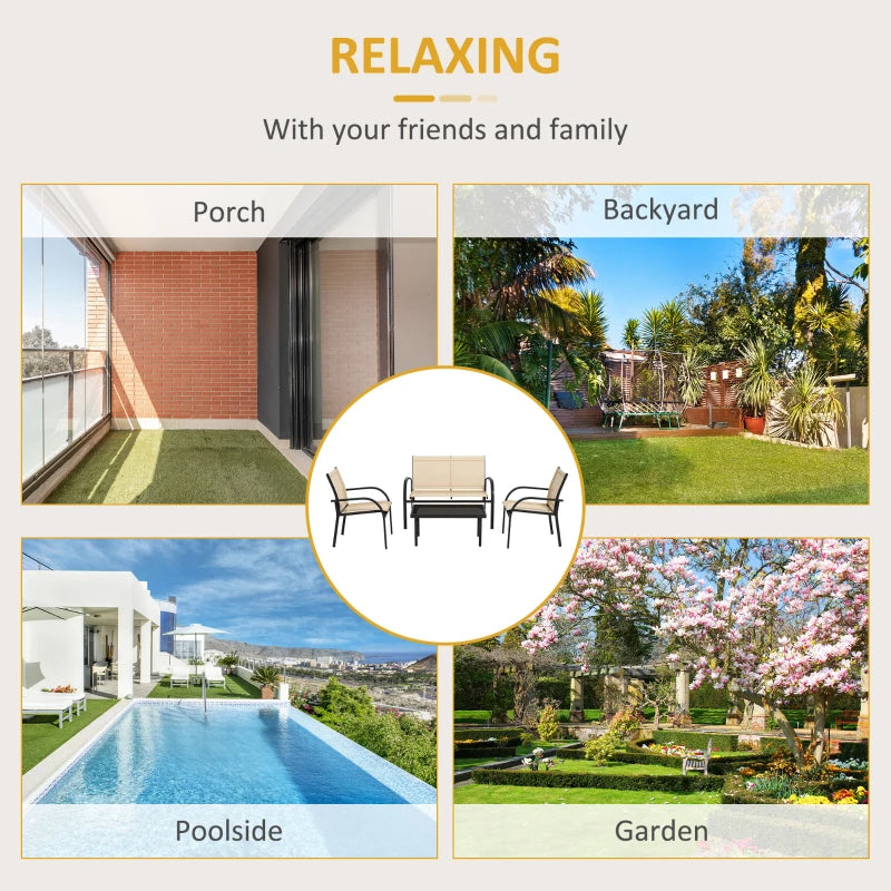Four-Piece Curved Steel Garden Dining Set in Beige and Grey for Outdoor Relaxation