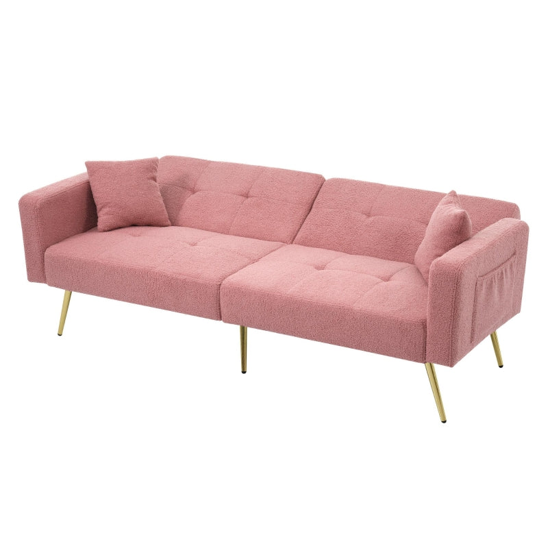 Adjustable Backrest Sofa Bed with Gold Legs and Side Pockets, Sherpa Fabric, Pink, 176L x 64W x 75H cm