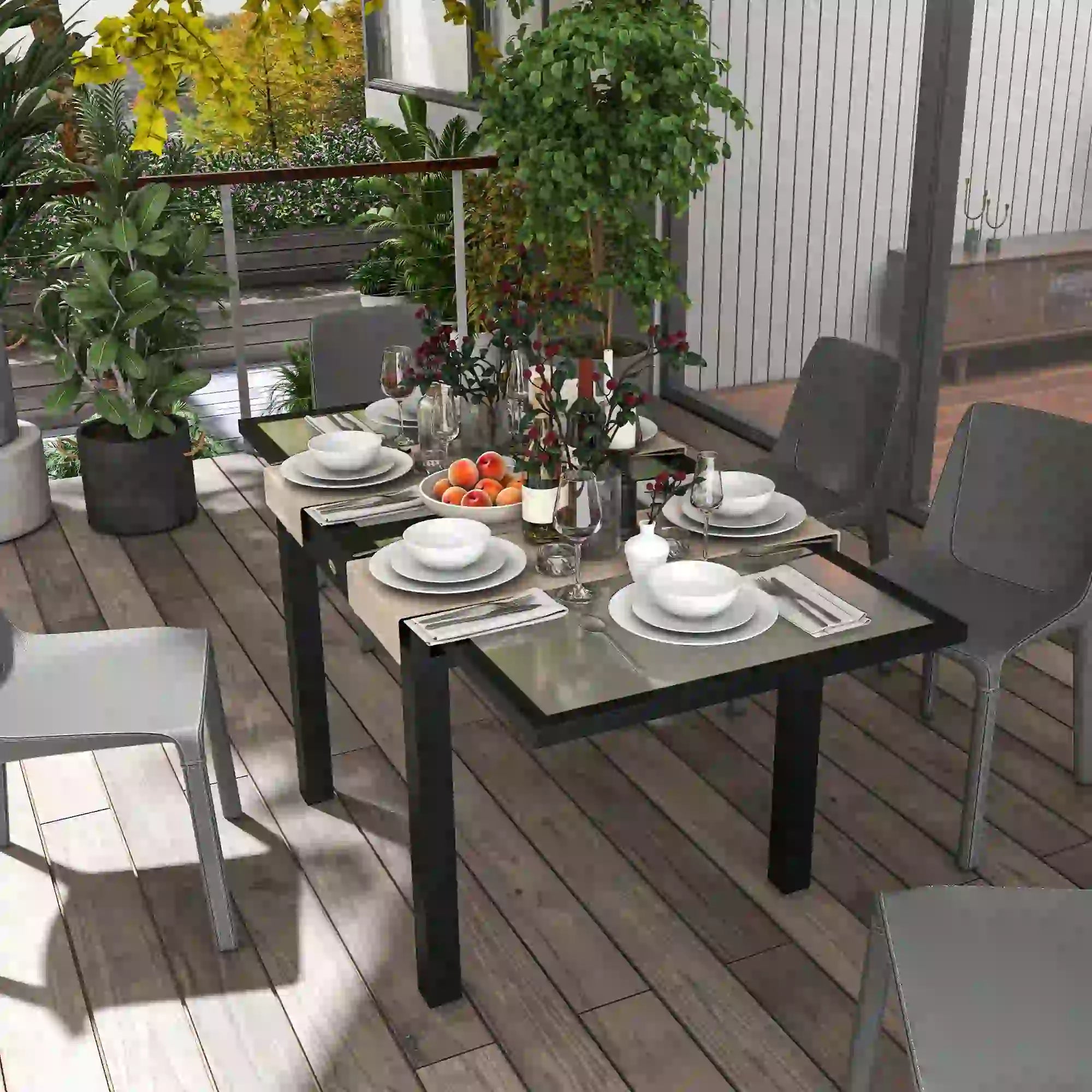 Black Frame Aluminium Extendable Garden Table - Tempered Glass Tabletop, 80/160 x 80 x 75 cm