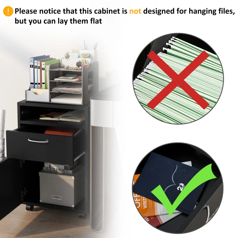 60cm Mobile Filing Cabinet with Drawer & Open Shelf, 4 Wheels, Metal Handles - Black Office Home Organizer for Printers