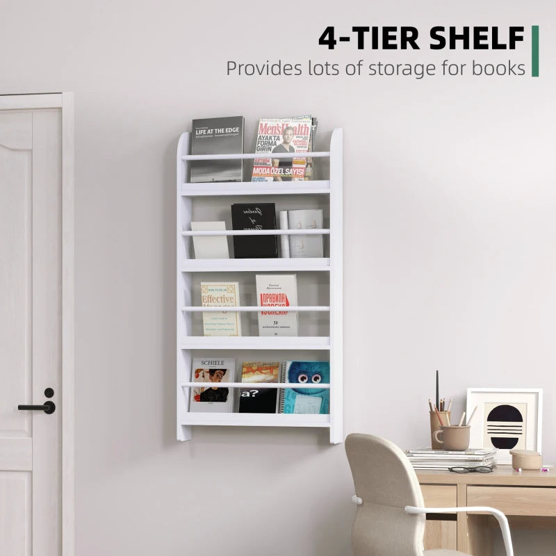 4-Tier Wall Mounted Bookshelf - 15cm Depth Storage Rack for Bedroom, Nursery, Office & Home - White
