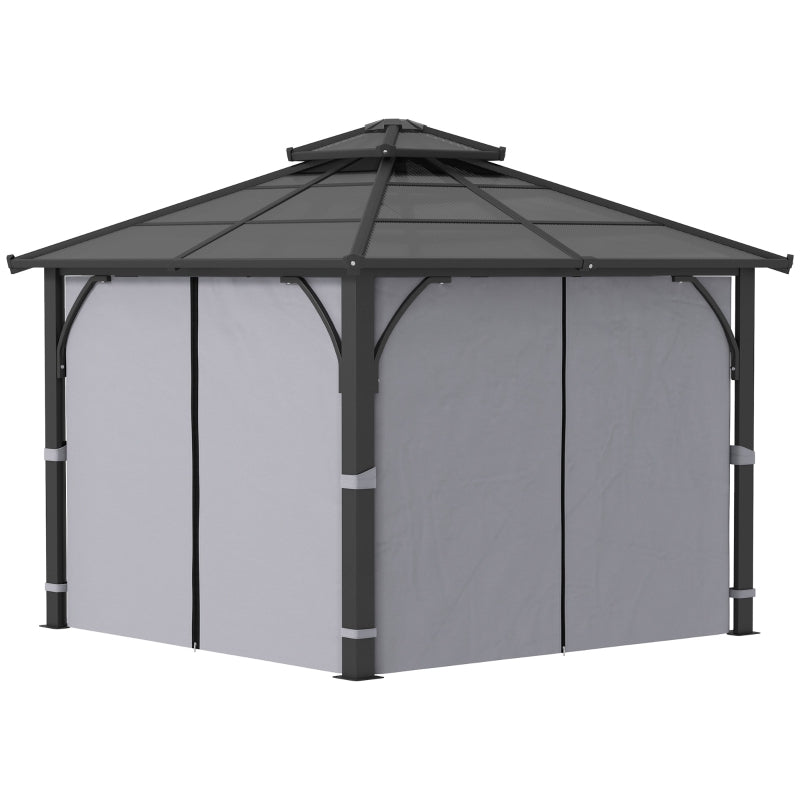 Dark Grey 3m x 3m Hardtop Gazebo - 7mm Double Polycarbonate Roof, Permanent Pavilion with Mosquito Netting and Curtains for Patio and Deck
