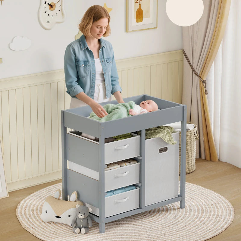 Baby Changing Unit with 4 Storage Drawers and Mat for Nursery Bedroom Grey 84 x 84.5 cm