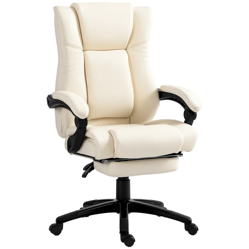 Vinsetto Cream White PU Leather Office Chair - Swivel Computer Chair with Footrest, Adjustable Height & Wheels