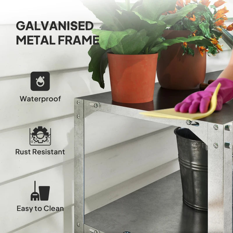 2 Tier Galvanised Steel Potting Bench Table - Silver Tone, 110 x 50 x 75 cm - Outdoor Garden Workstation with Storage Shelf for Patio and Greenhouse