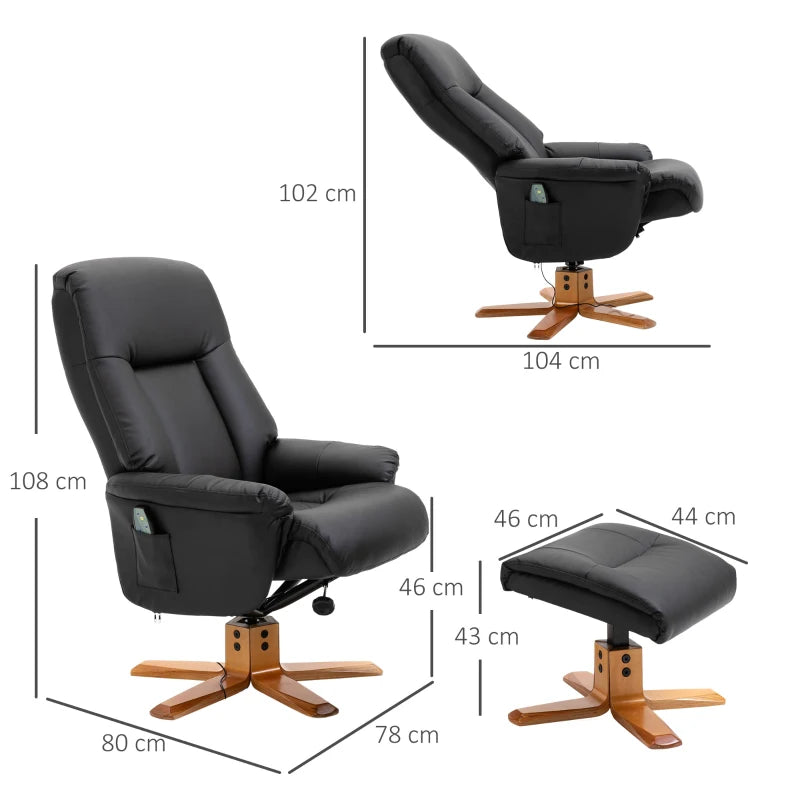 10-Point Massage Recliner Armchair with Footrest in Black PU Leather - Heated Comfort Chair
