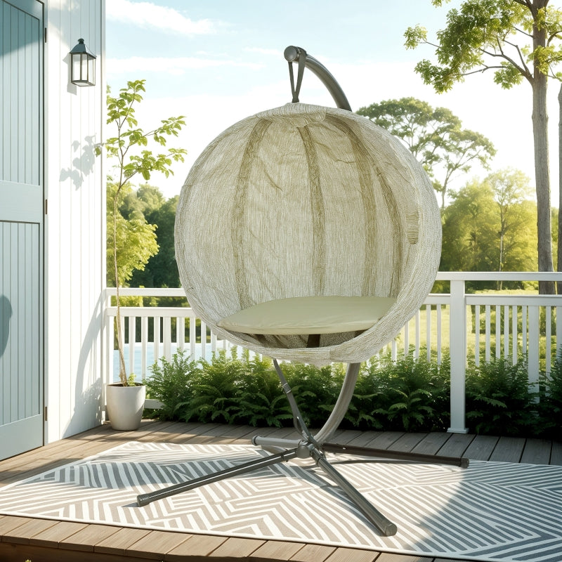 Hanging Egg Chair - Khaki Outdoor Indoor Garden Swing Chair with Stand, Thickened Cushion & Cup Holder - Folding Basket Design
