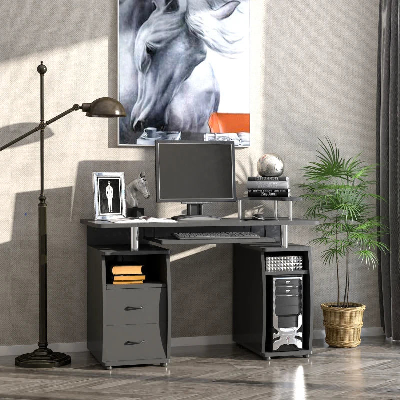 Modern Black Computer Desk with Keyboard Tray, CPU Shelf, Drawers & Sliding Scanner Shelf - Ideal Office Workstation