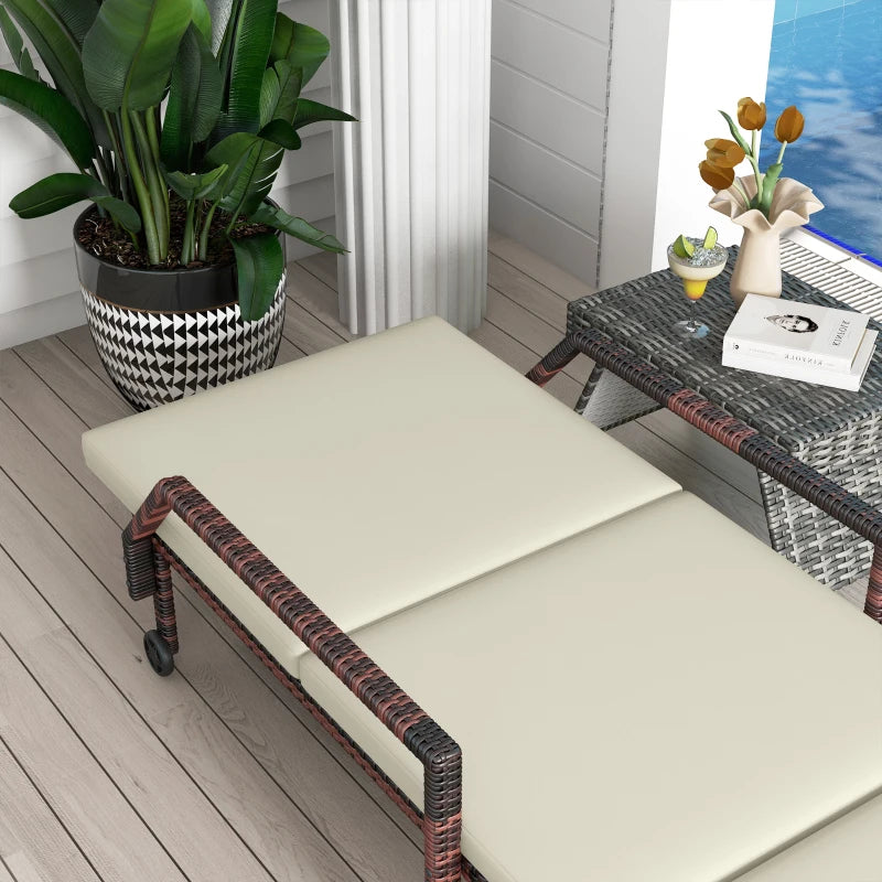 Rattan Wicker Outdoor Sun Lounger - Grey, Adjustable Backrest, 2 Wheels