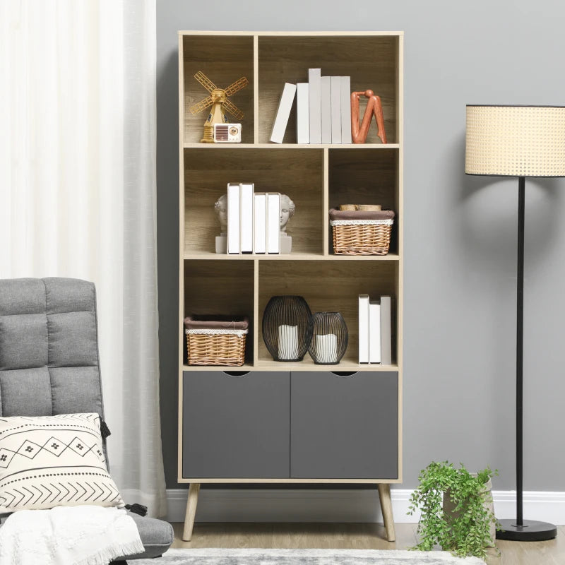 Modern Freestanding Bookcase with Bottom Cabinet & 6 Open Shelves - Stylish Natural & Dark Grey Bookshelf for Home Office & Living Room