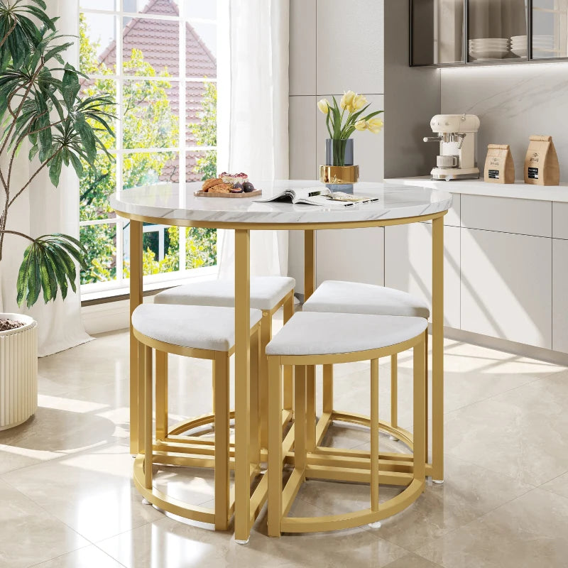 5-Piece Modern Marble Dining Table & Chair Set with Gold & White Semi-Circular Stools - Space-Saving for Apartments & Restaurants