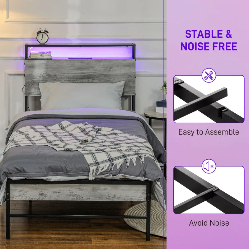 Modern Grey Single Steel Bed Frame with LED Lights & Headboard Shelf - Stylish & Functional Bedroom Furniture