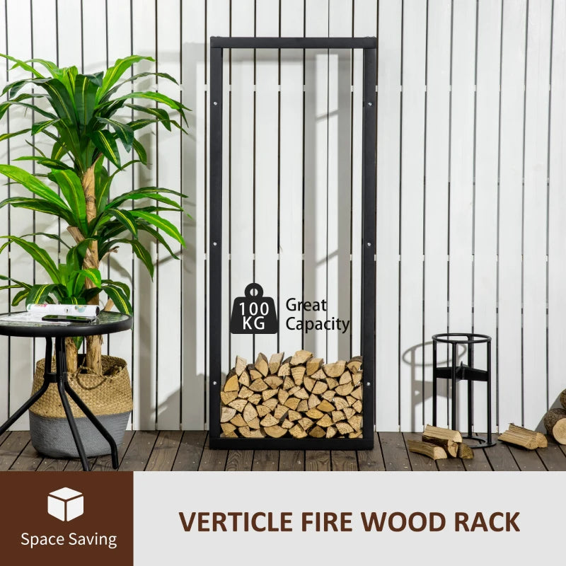 Tall Metal Firewood Log Holder Rack - Indoor/Outdoor Fireplace Wood Storage Shelf, Black, 60x25x150 cm