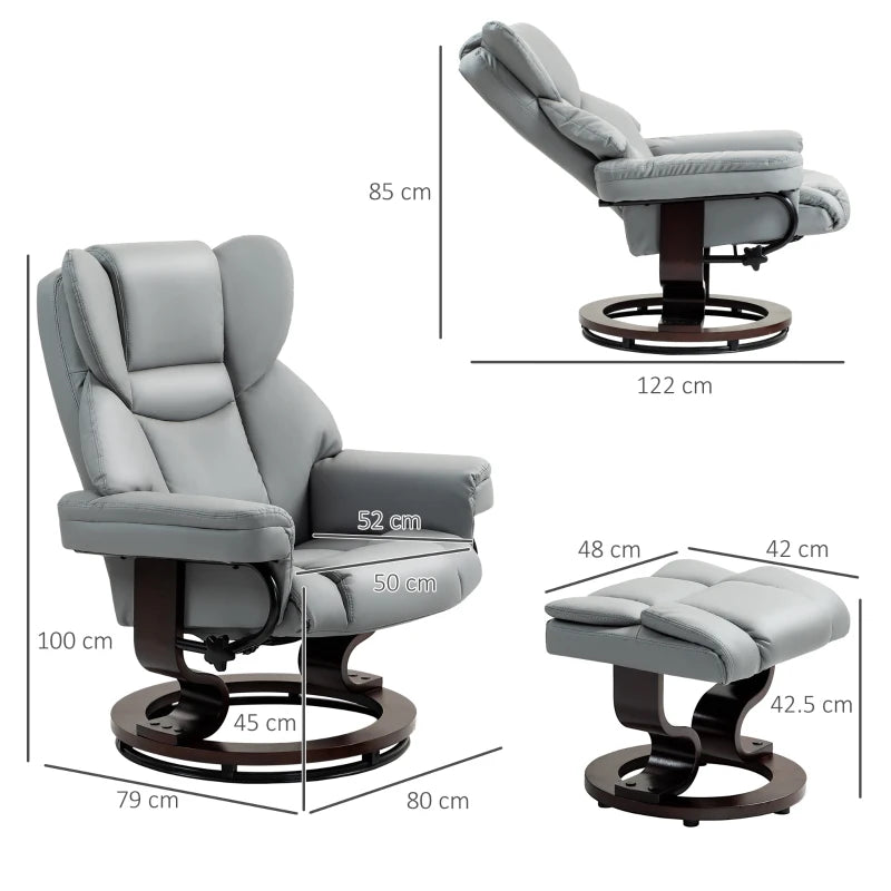 Faux Leather Recliner Chair with Footstool - Swivel Upholstered Armchair with Adjustable Backrest and Solid Wood Base in Light Grey