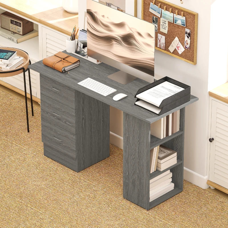 Modern Grey Computer Desk with 3 Storage Shelves & Drawers, Stylish Writing Table for Home Office, Silver Handle Workstation