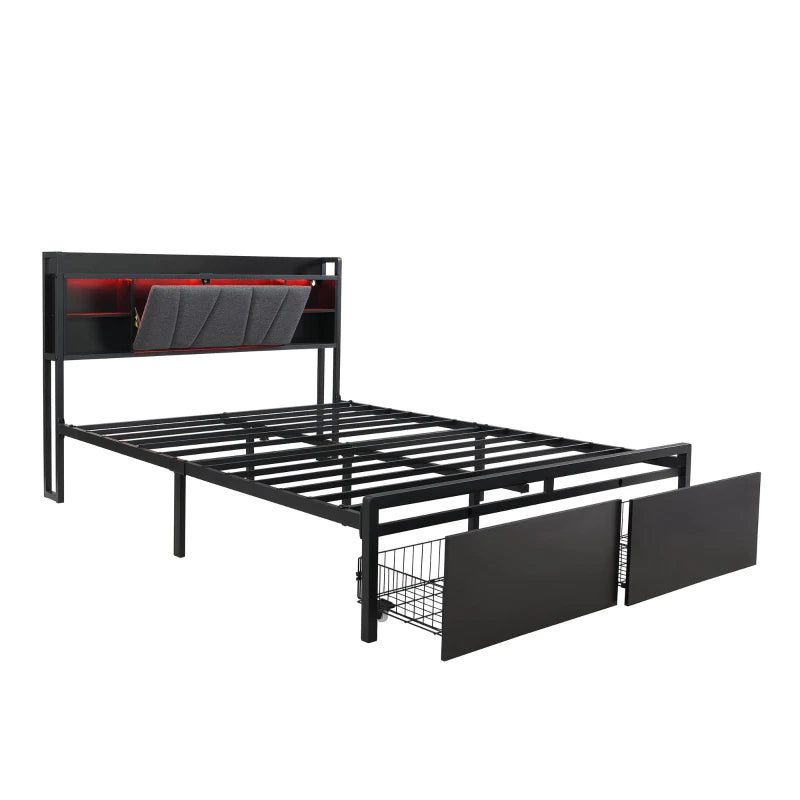 Modern Metal Bed Frame with LED Lights & Charging Ports, Storage Drawers, Padded Headboard, 209x137.5x100 cm, Black