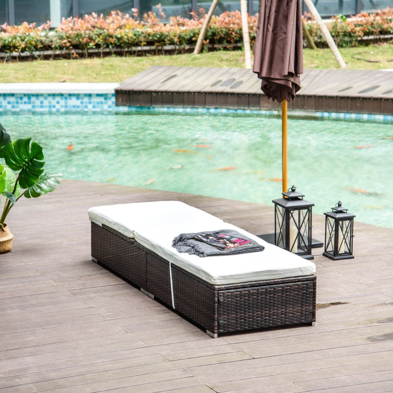 Adjustable Rattan Sun Lounger with Cushion, Mixed Brown