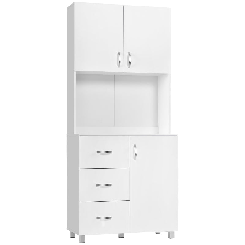 Free Standing Kitchen Cupboard - White Storage Cabinet with Doors, Shelves, 3 Drawers & Adjustable Height - Versatile Kitchen Organizer