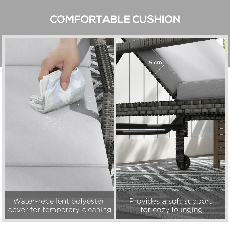 Rattan Wicker Outdoor Sun Lounger - Grey, Adjustable Backrest, 2 Wheels