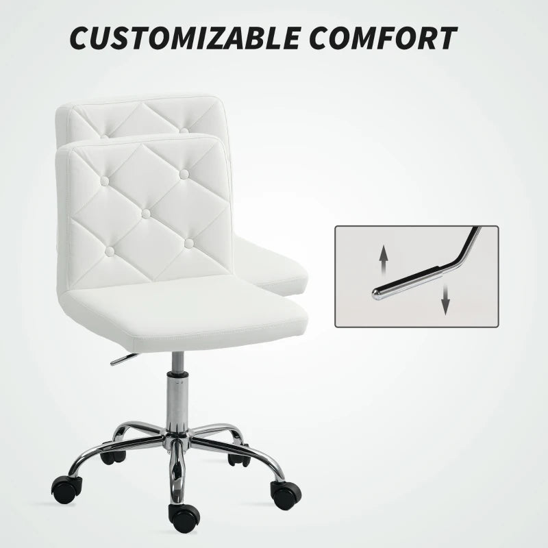 Modern PU Leather Armless Office Chair - Adjustable Height Swivel Vanity Chair with Rolling Wheels for Home Study & Bedroom - White