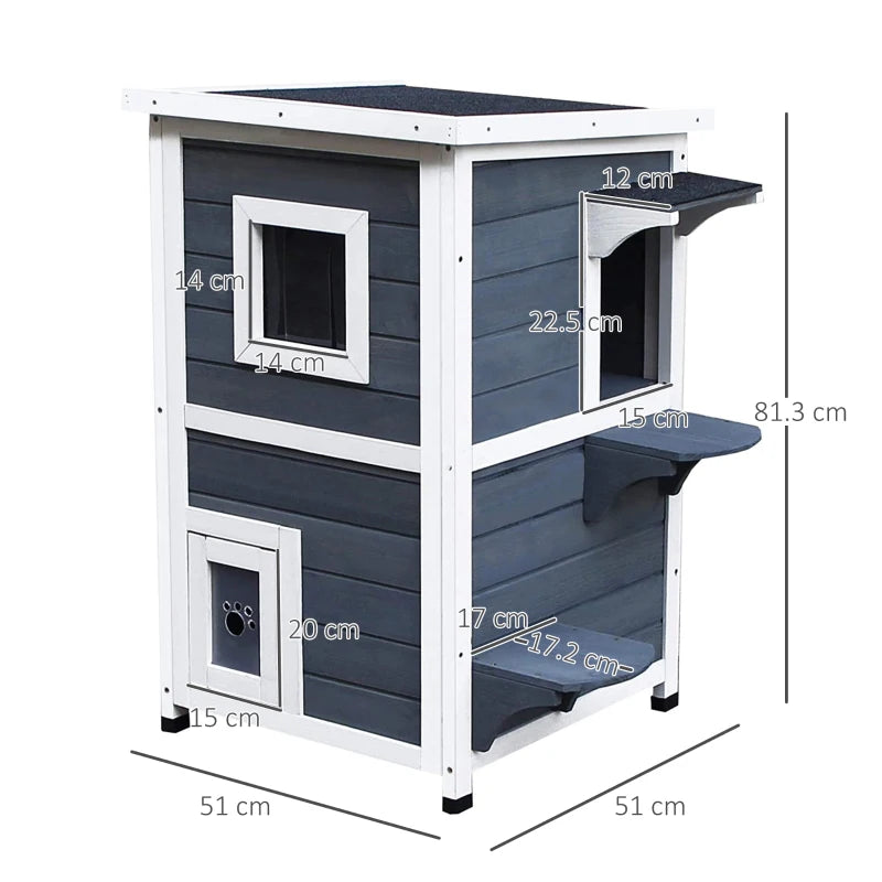 Wooden Cat House - 2-Floor Outdoor Kitten Shelter with Window - Stylish Grey Design for Cats and Kittens