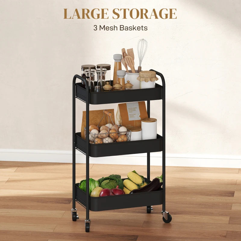 Three-Tier Black Steel Storage Trolley - Versatile Rolling Cart for Kitchen, Office, or Home Organization