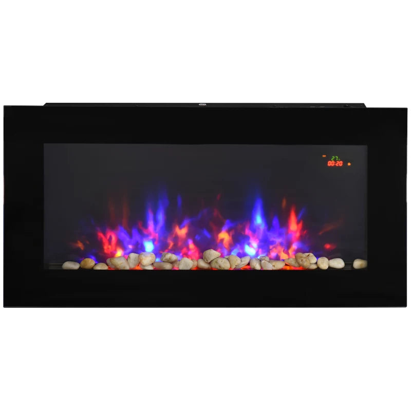 Curved Glass Electric Wall Mounted Fireplace for Living Room 1000W 2000W Black 48H x 90.8W x 11.5Dcm