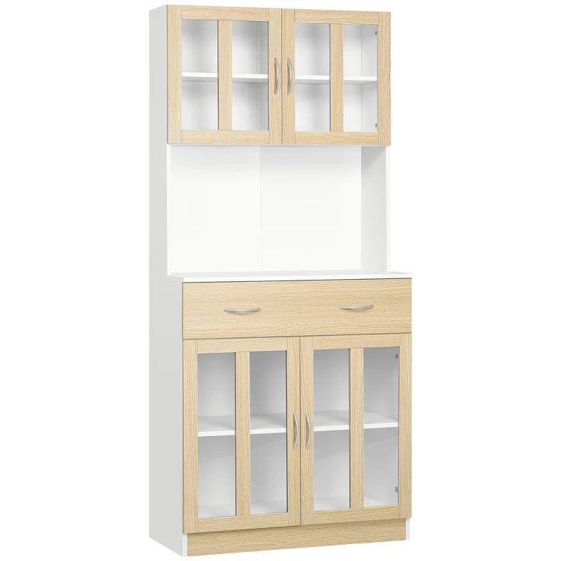Modern Freestanding Kitchen Cupboard - 180cm Storage Cabinet Hutch with Central Drawer & 2 Glass Door Cabinets