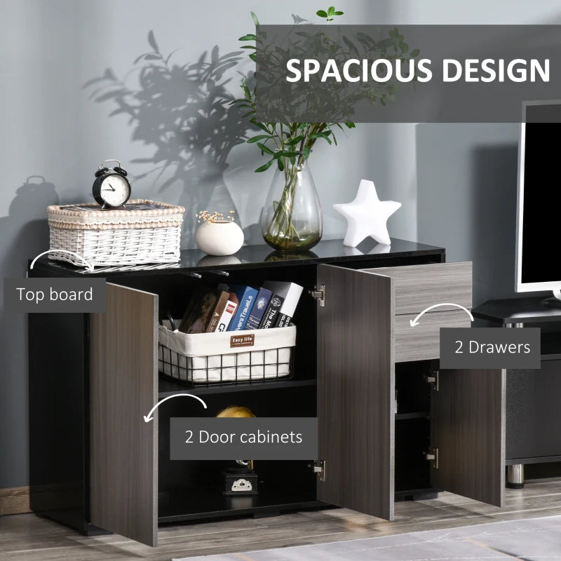High Gloss Side Cabinet with Push-Open Design, 2 Drawers & 2 Cabinets, Light Grey & Black, 74H x 117W x 36Dcm