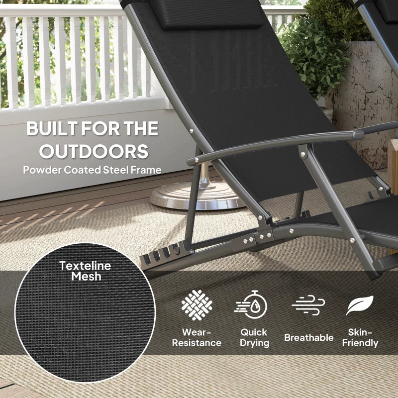 Set of 2 Adjustable Folding Sun Loungers - Black Outdoor Chaise Lounge Chairs with Armrests and Pillows, 4 Positions, Steel Frame for Garden, Patio, Beach and Poolside