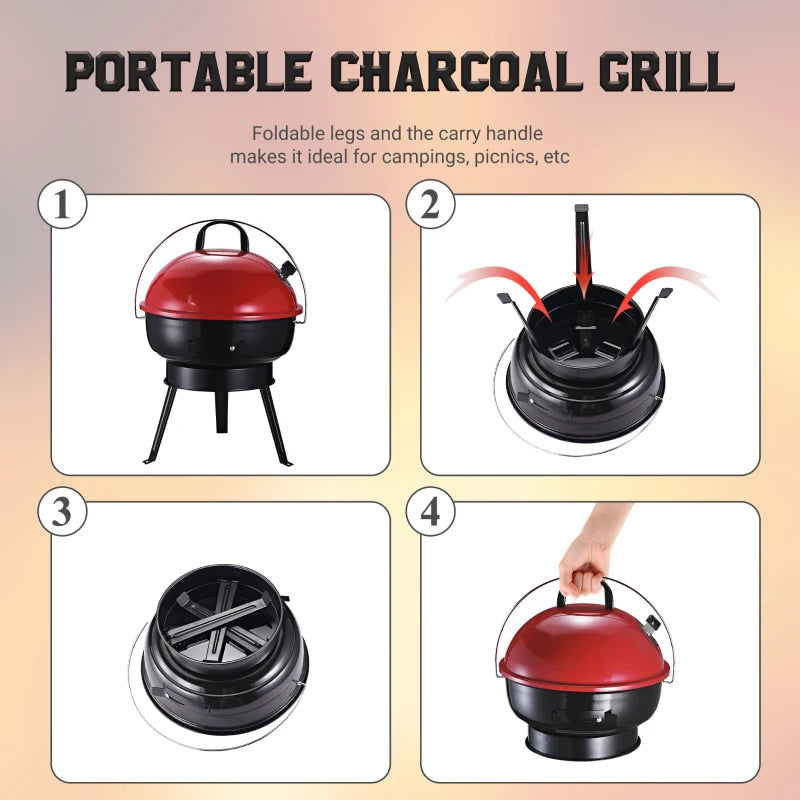 Portable Metal Tripod Charcoal BBQ Grill in Black and Red