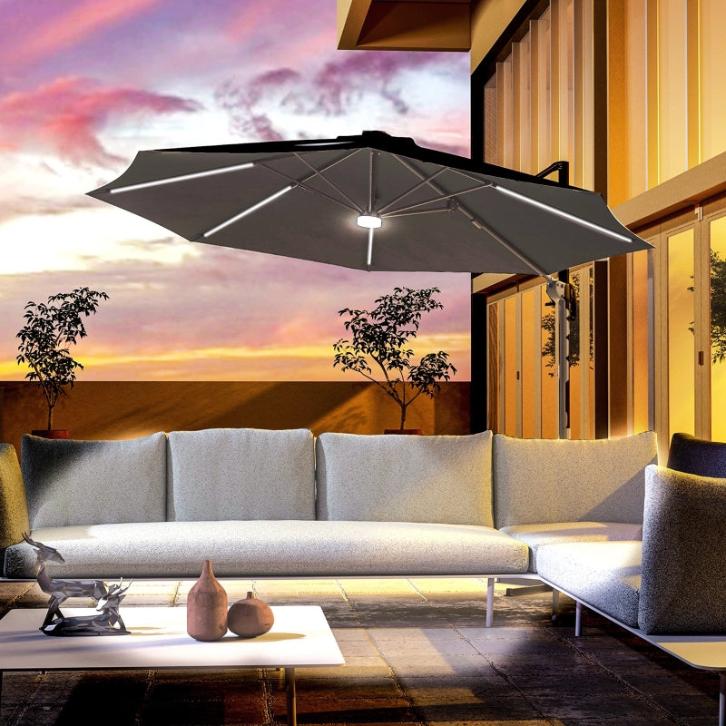 Dark Grey 3m LED Cantilever Sun Umbrella with Solar Lights & Base