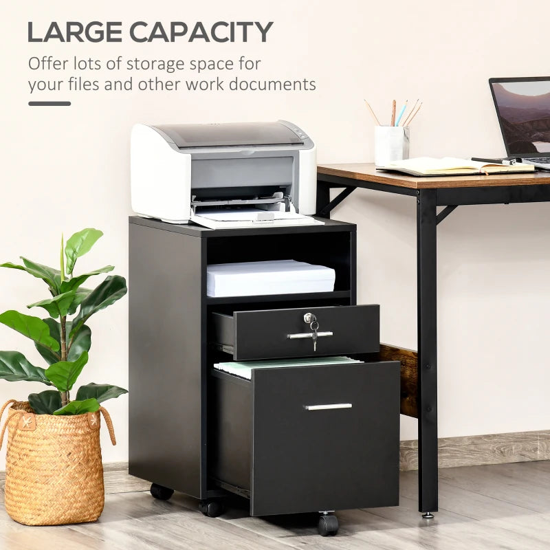 Vinsetto Lockable Two-Drawer Filing Cabinet on Wheels - Stylish Black Storage Solution for Home Office Organization