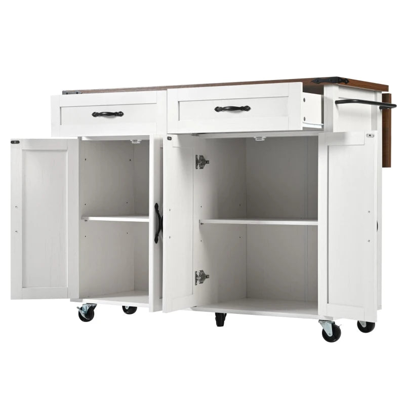 Farmhouse Style Kitchen Island Trolley - Adjustable Shelf, Cabinets & Drawers, Modern Rolling Storage Cabinet, White, 140x73x90.5 cm