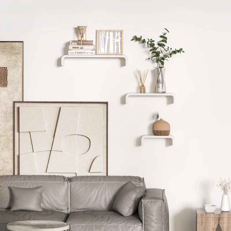 Set of 3 Floating Wall Shelves - Invisible Mounting for Bedroom & Living Room - Modern White Design