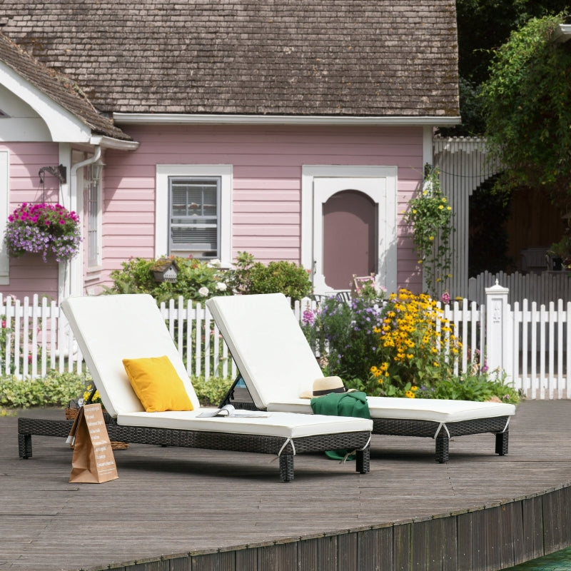 2 Seater Rattan Sun Lounger Set - Brown/Cream White