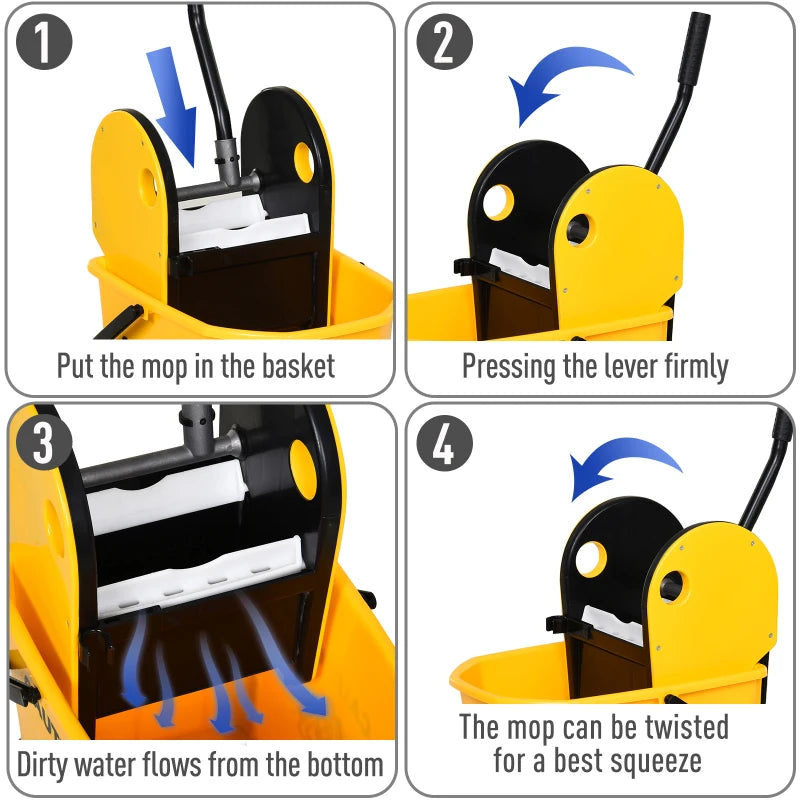 25L Yellow Mop Bucket with Wringer, Wheels & Handle - Heavy Duty Cleaning Tool for Home & Commercial Use