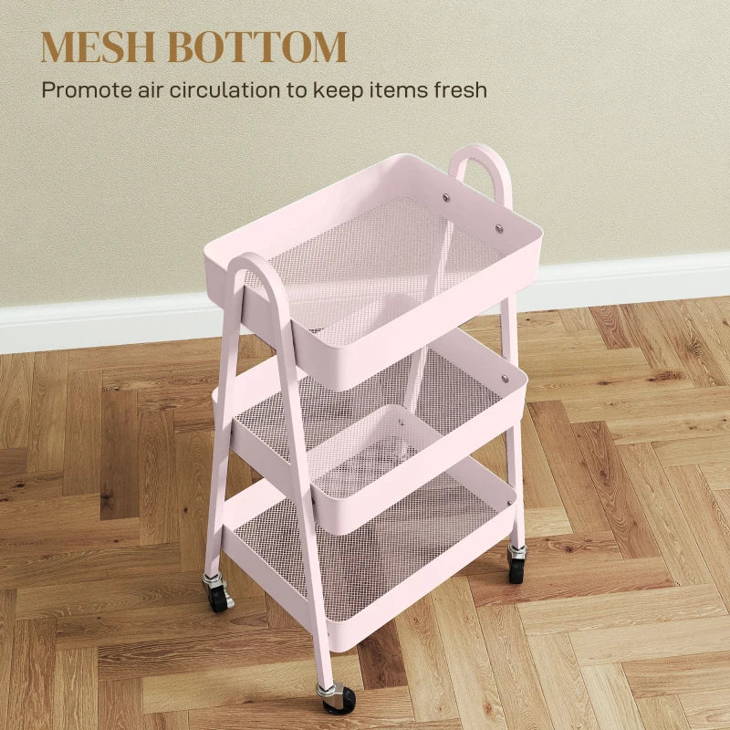 Pink Three-Tier Storage Trolley - Stylish Rolling Cart for Organizing Home, Office, or Kitchen - Versatile and Functional Design